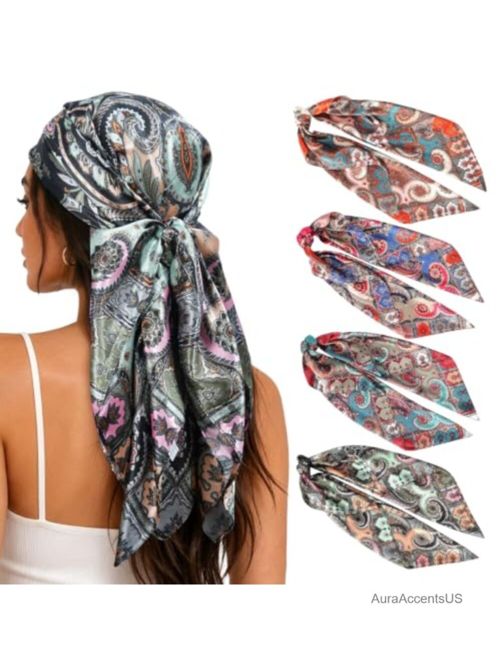 4 Pack 35" Satin Head Scarves for Women Silk-Like Hair Bandanas